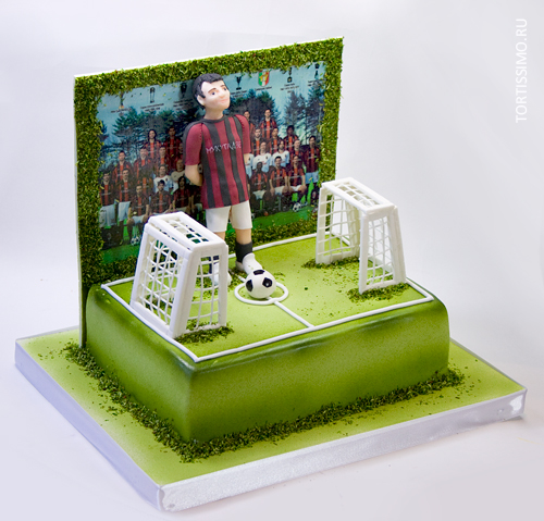 Торт футбольное поле прямоугольный с футболистом, воротами и мячом